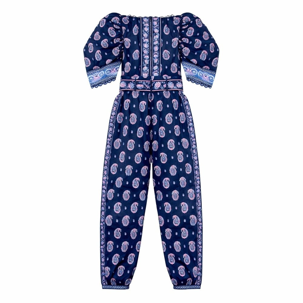 FARM Rio Printed Cotton Poplin Puff Sleeve Jumpsuit Navy Size Medium - Picture 3 of 9
